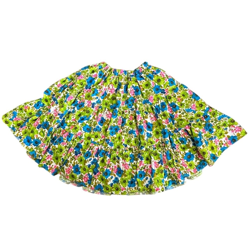 Vintage Floral Tiered Ruffle Full Mini Skirt Barkcloth Elastic Waist Dance - Picture 2 of 7